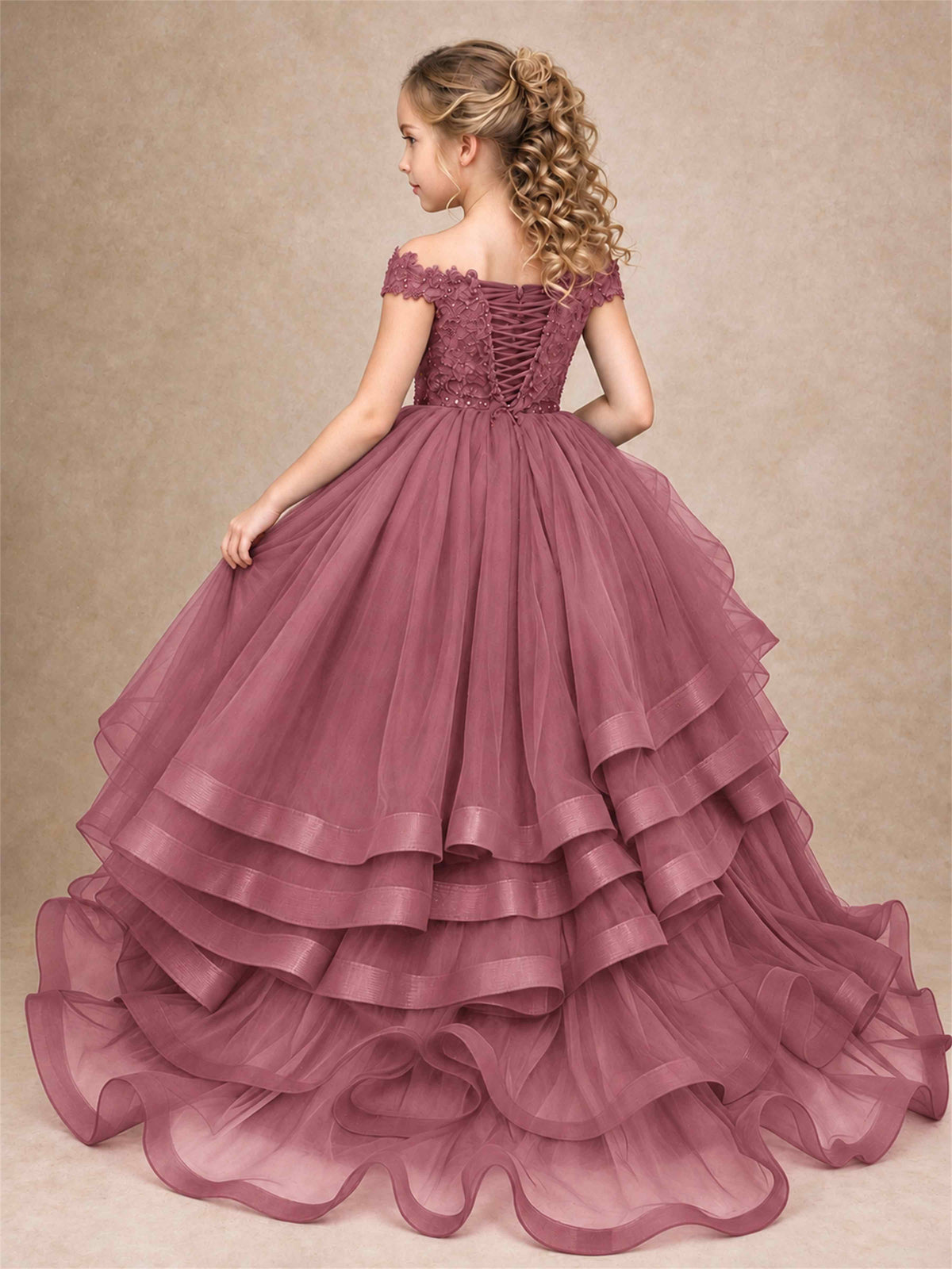 Off Shoulder Sequin Lace Ruffled Tulle Girls Pageant Dresses Formal Wedding Princess Gown