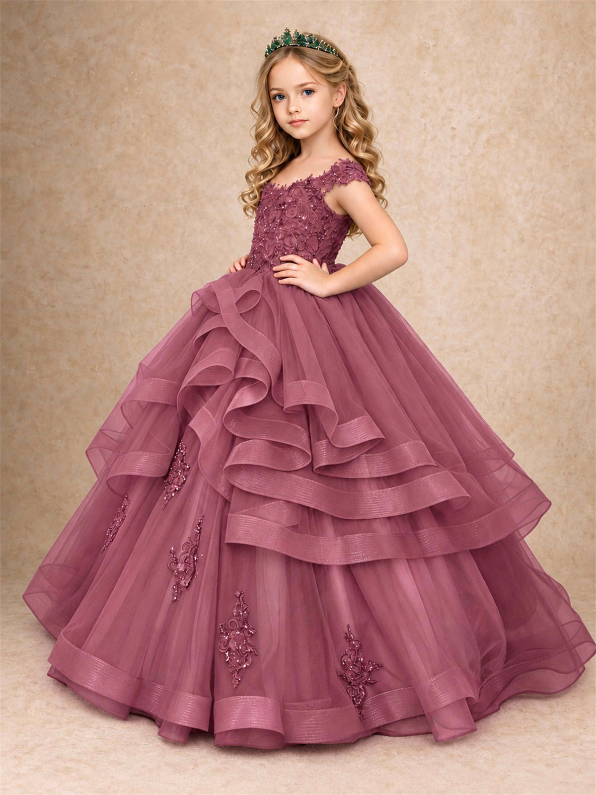 Off Shoulder Sequin Lace Ruffled Tulle Girls Pageant Dresses Formal Wedding Princess Gown