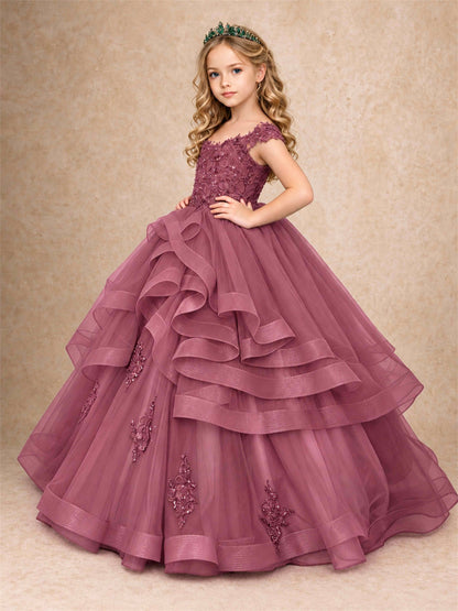 Off Shoulder Sequin Lace Ruffled Tulle Girls Pageant Dresses Formal Wedding Princess Gown