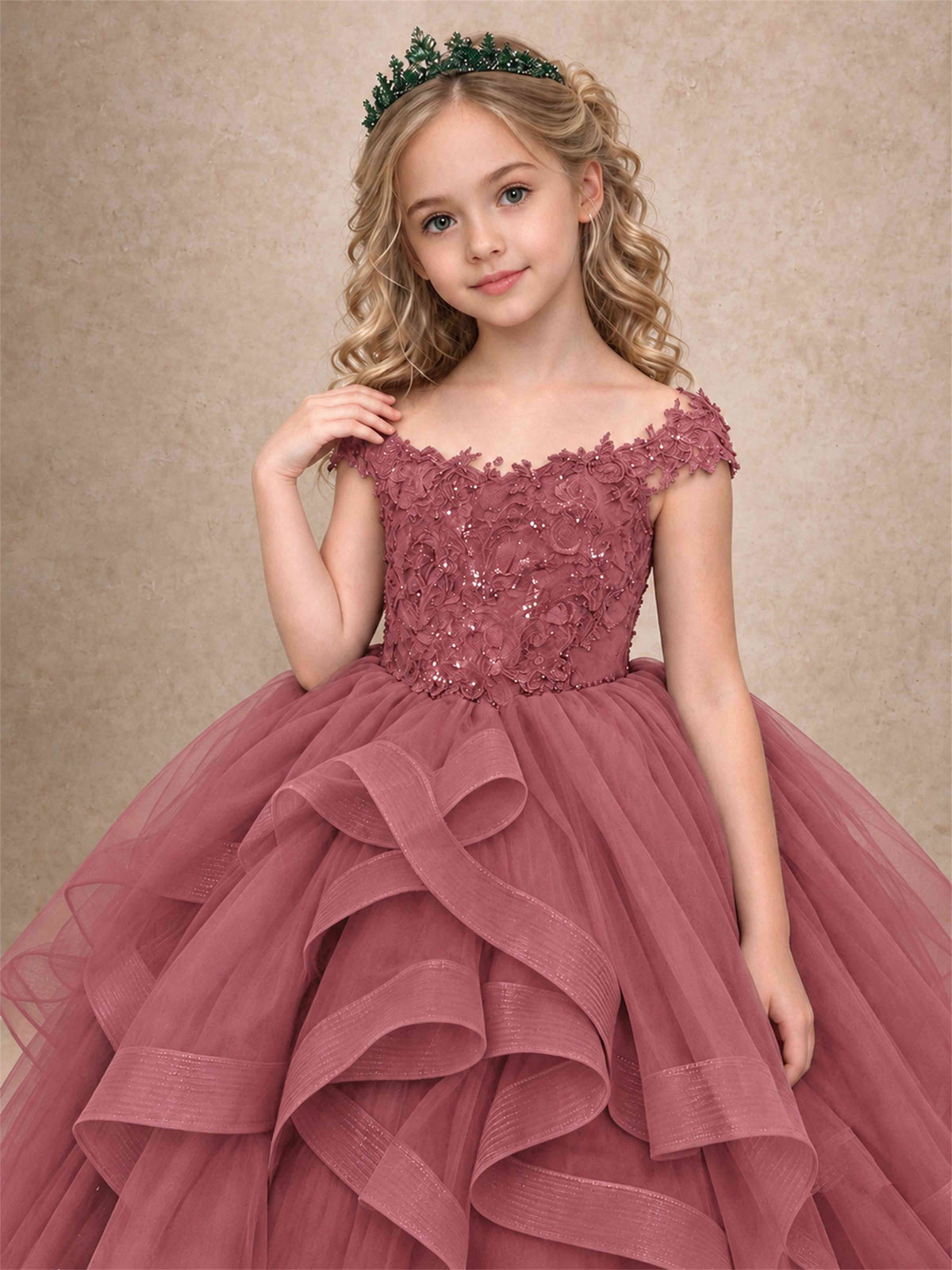 Off Shoulder Sequin Lace Ruffled Tulle Girls Pageant Dresses Formal Wedding Princess Gown