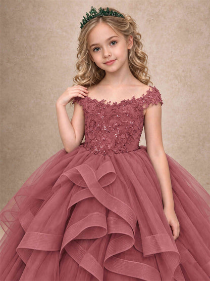 Off Shoulder Sequin Lace Ruffled Tulle Girls Pageant Dresses Formal Wedding Princess Gown
