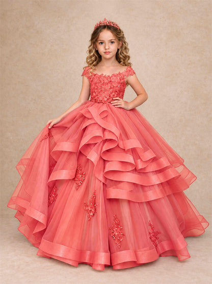 Off Shoulder Sequin Lace Ruffled Tulle Girls Pageant Dresses Formal Wedding Princess Gown