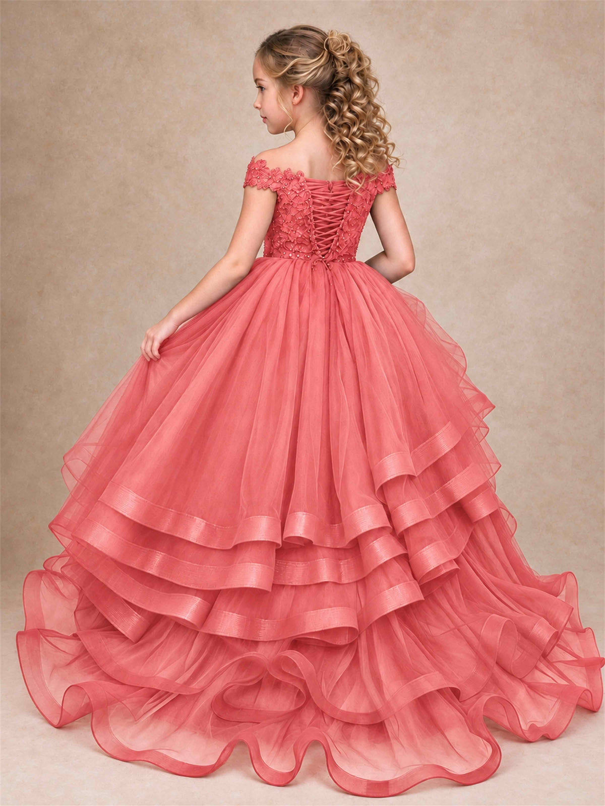 Off Shoulder Sequin Lace Ruffled Tulle Girls Pageant Dresses Formal Wedding Princess Gown