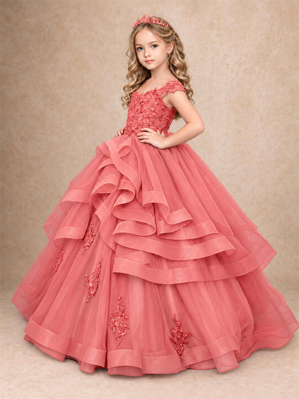 Off Shoulder Sequin Lace Ruffled Tulle Girls Pageant Dresses Formal Wedding Princess Gown