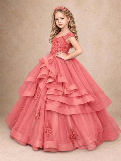 Off Shoulder Sequin Lace Ruffled Tulle Girls Pageant Dresses Formal Wedding Princess Gown