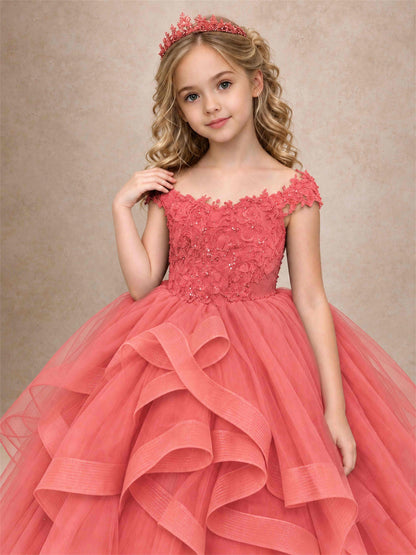 Off Shoulder Sequin Lace Ruffled Tulle Girls Pageant Dresses Formal Wedding Princess Gown