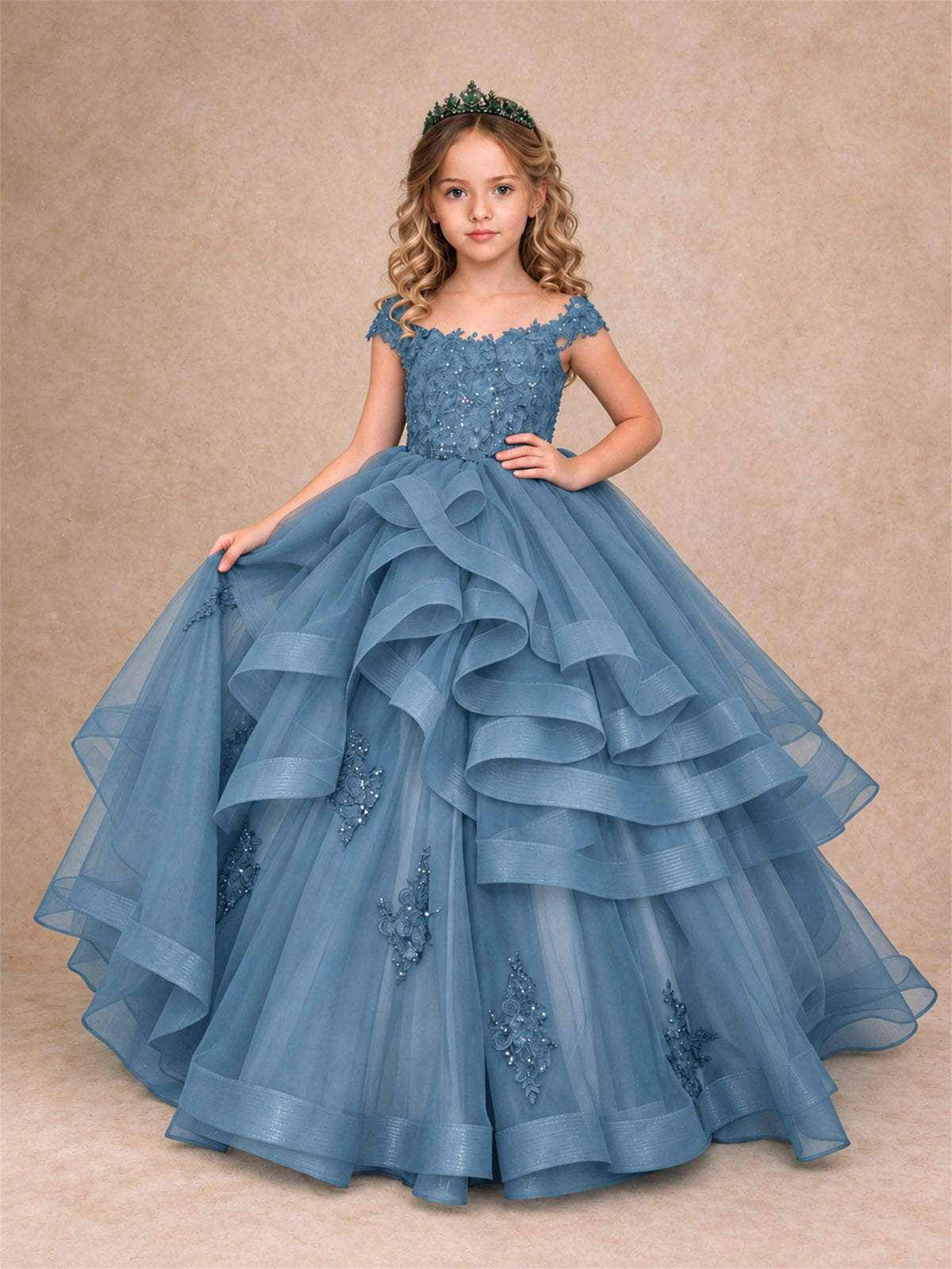 Off Shoulder Sequin Lace Ruffled Tulle Girls Pageant Dresses Formal Wedding Princess Gown