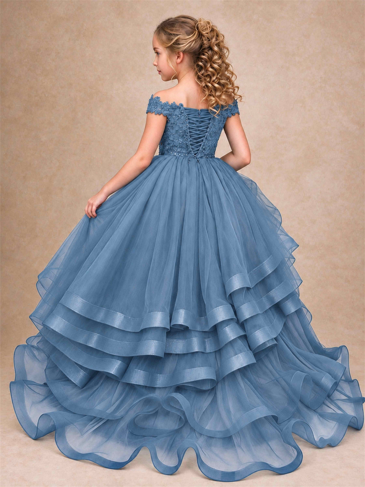 Off Shoulder Sequin Lace Ruffled Tulle Girls Pageant Dresses Formal Wedding Princess Gown