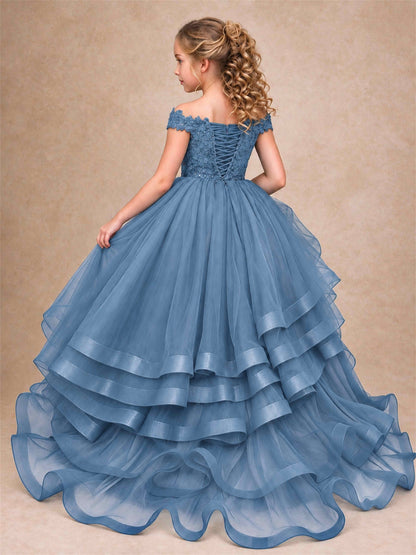 Off Shoulder Sequin Lace Ruffled Tulle Girls Pageant Dresses Formal Wedding Princess Gown