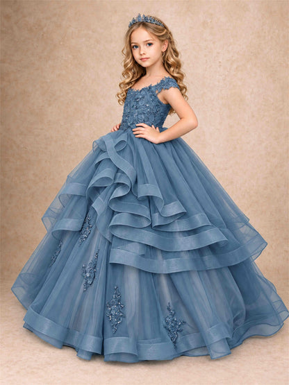 Off Shoulder Sequin Lace Ruffled Tulle Girls Pageant Dresses Formal Wedding Princess Gown