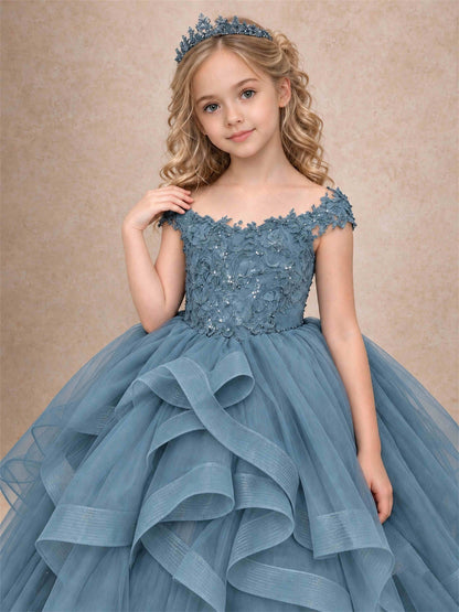 Off Shoulder Sequin Lace Ruffled Tulle Girls Pageant Dresses Formal Wedding Princess Gown