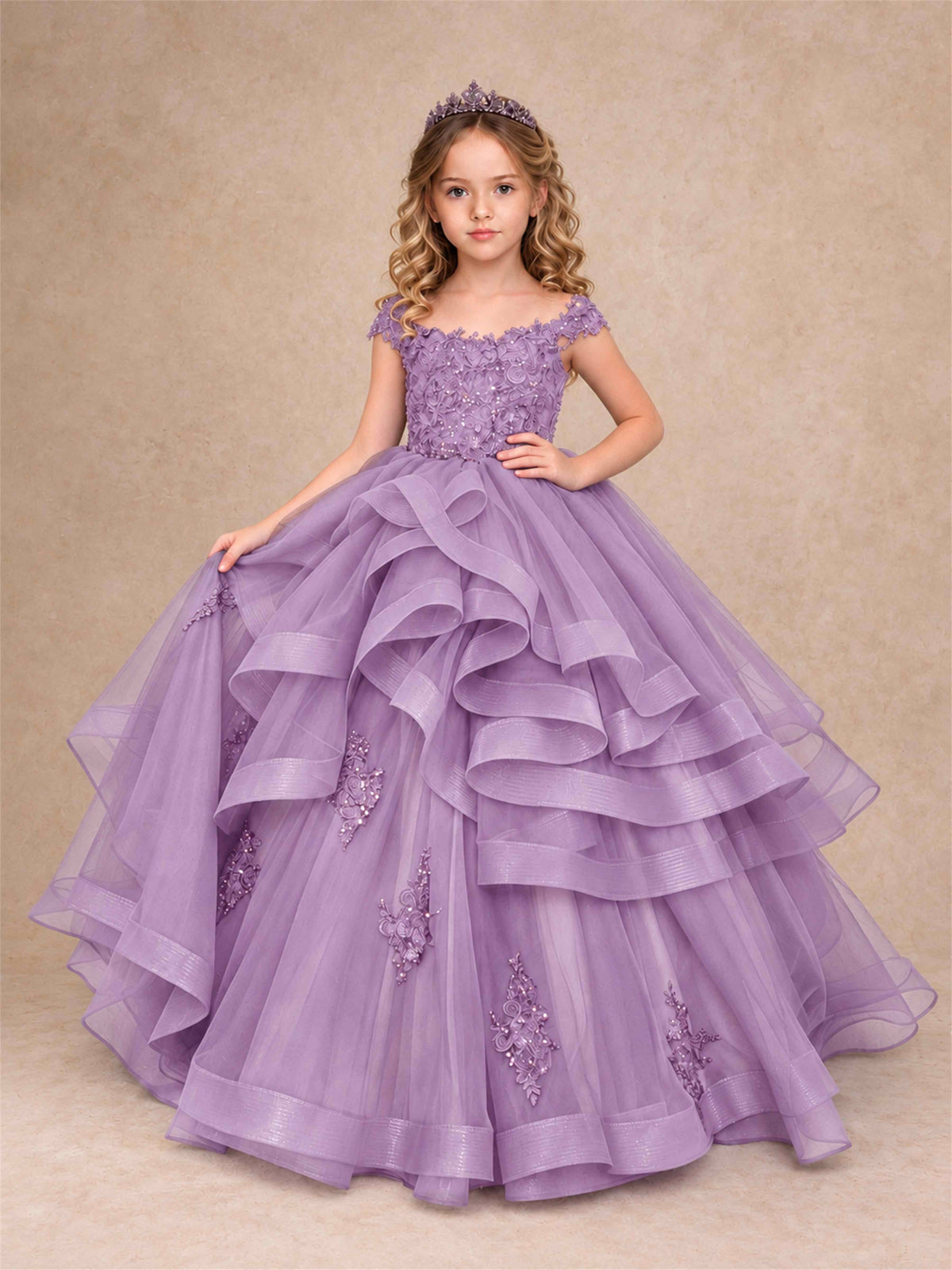 Off Shoulder Sequin Lace Ruffled Tulle Girls Pageant Dresses Formal Wedding Princess Gown