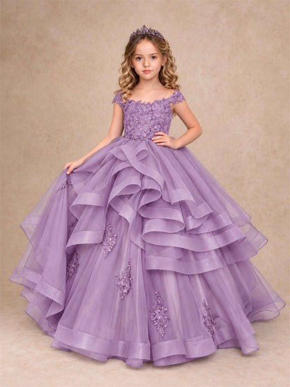 Off Shoulder Sequin Lace Ruffled Tulle Girls Pageant Dresses Formal Wedding Princess Gown
