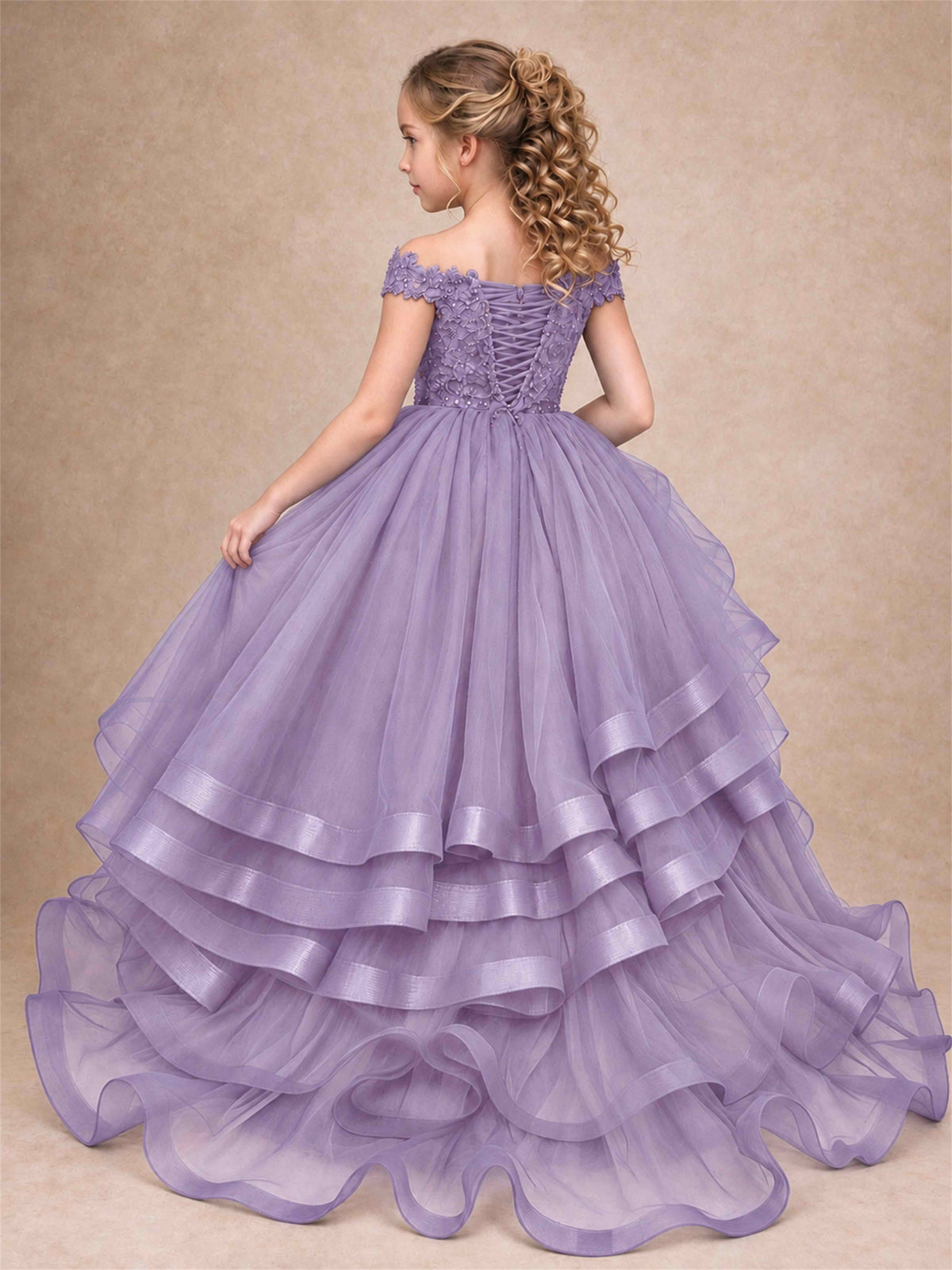 Off Shoulder Sequin Lace Ruffled Tulle Girls Pageant Dresses Formal Wedding Princess Gown