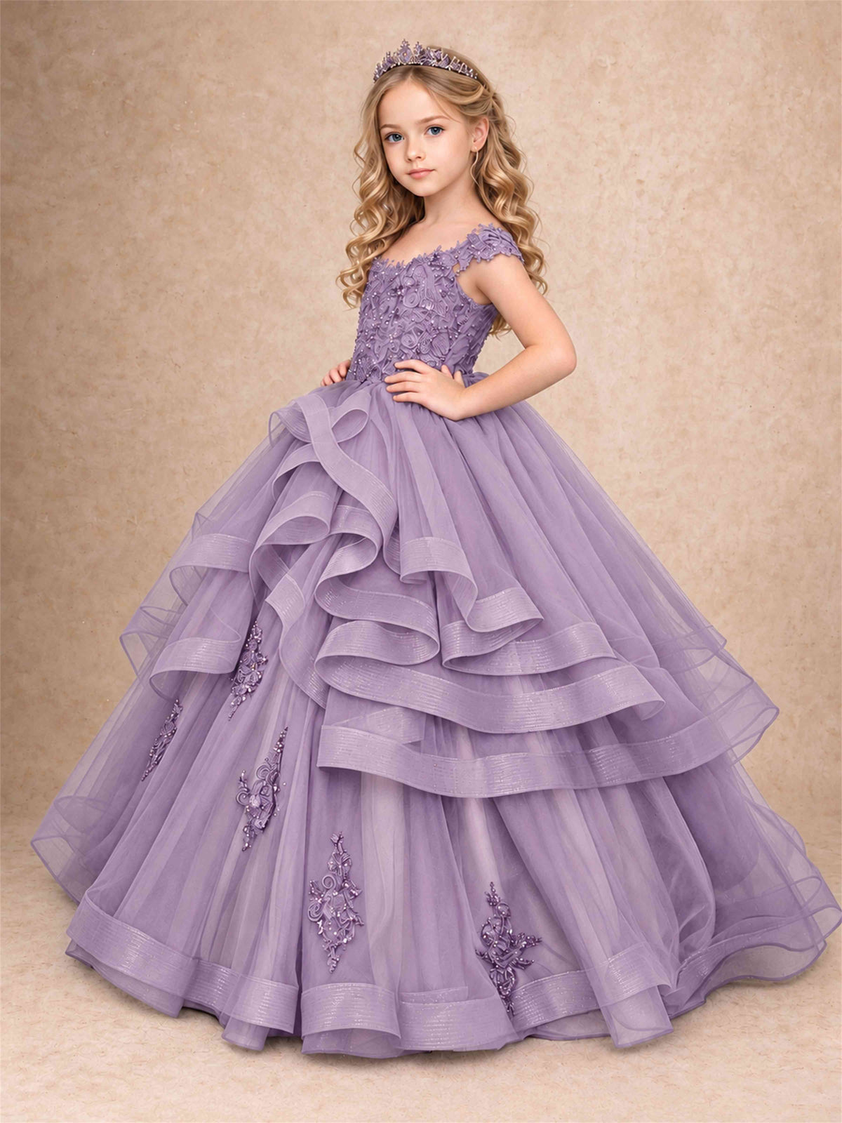 Off Shoulder Sequin Lace Ruffled Tulle Girls Pageant Dresses Formal Wedding Princess Gown