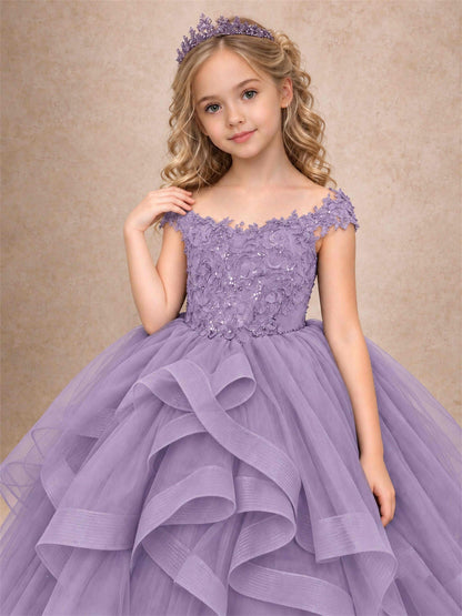 Off Shoulder Sequin Lace Ruffled Tulle Girls Pageant Dresses Formal Wedding Princess Gown