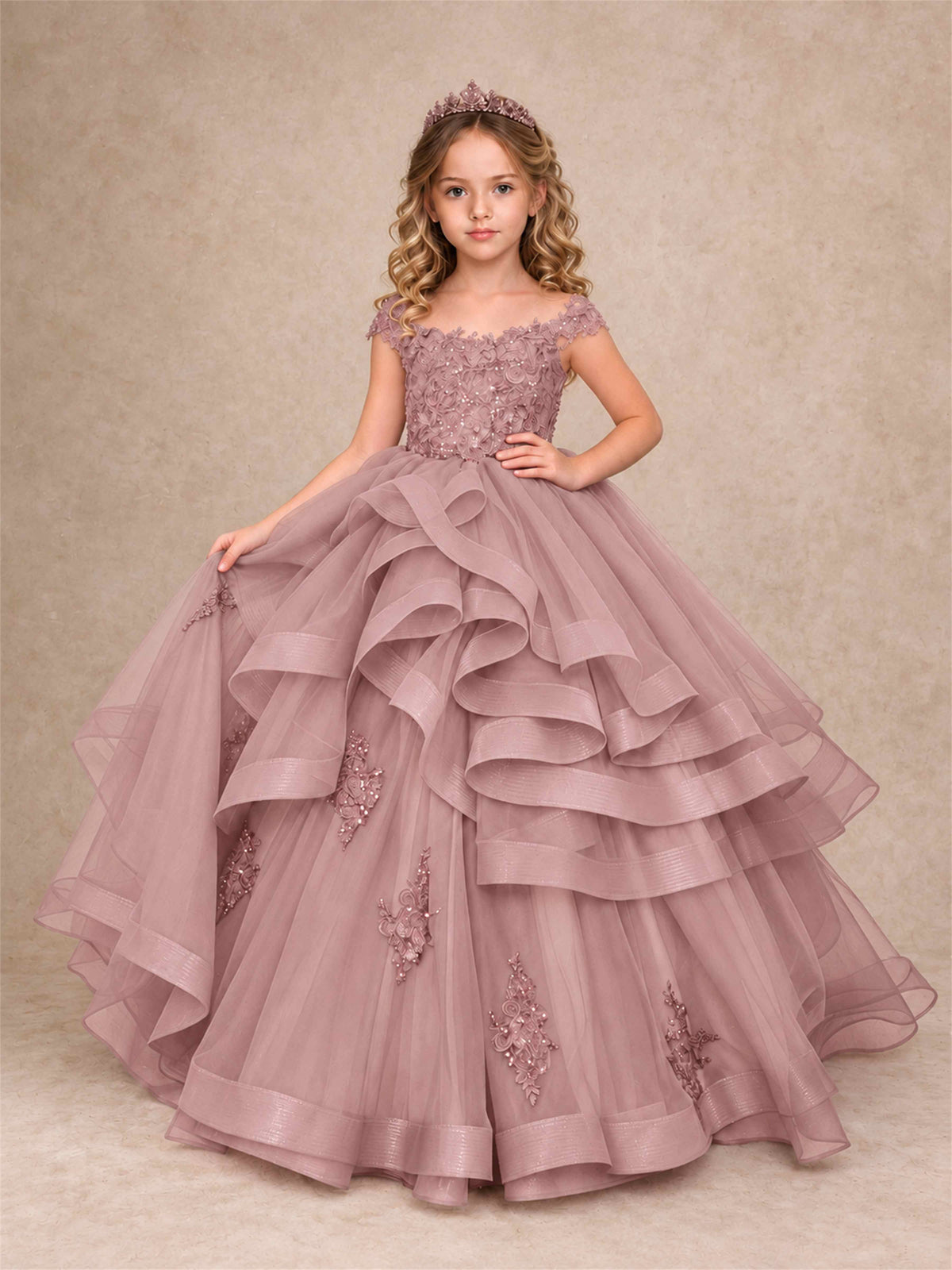 Off Shoulder Sequin Lace Ruffled Tulle Girls Pageant Dresses Formal Wedding Princess Gown