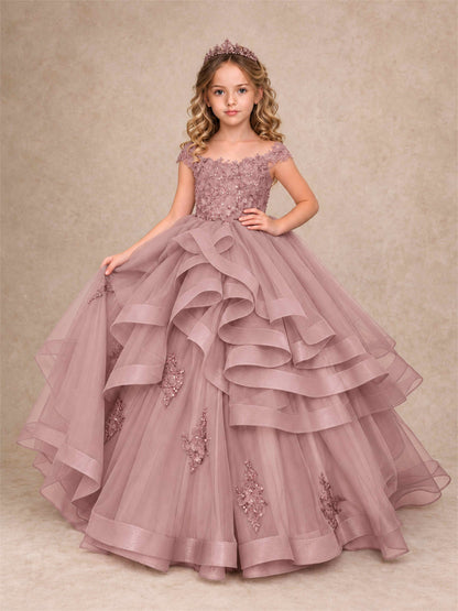 Off Shoulder Sequin Lace Ruffled Tulle Girls Pageant Dresses Formal Wedding Princess Gown