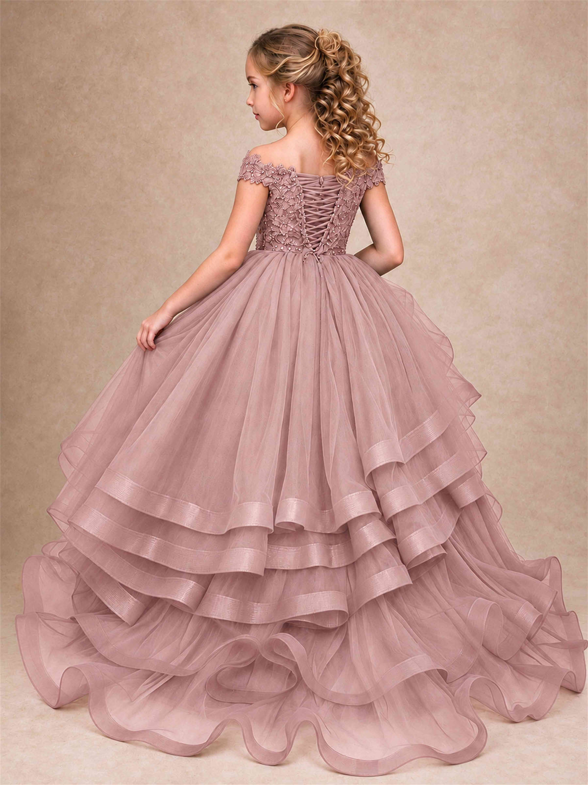 Off Shoulder Sequin Lace Ruffled Tulle Girls Pageant Dresses Formal Wedding Princess Gown