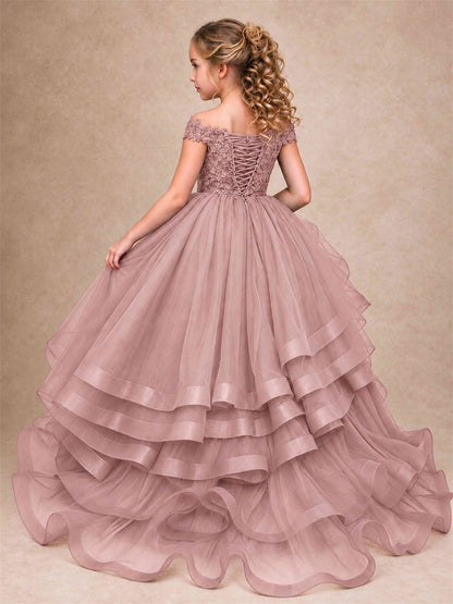 Off Shoulder Sequin Lace Ruffled Tulle Girls Pageant Dresses Formal Wedding Princess Gown