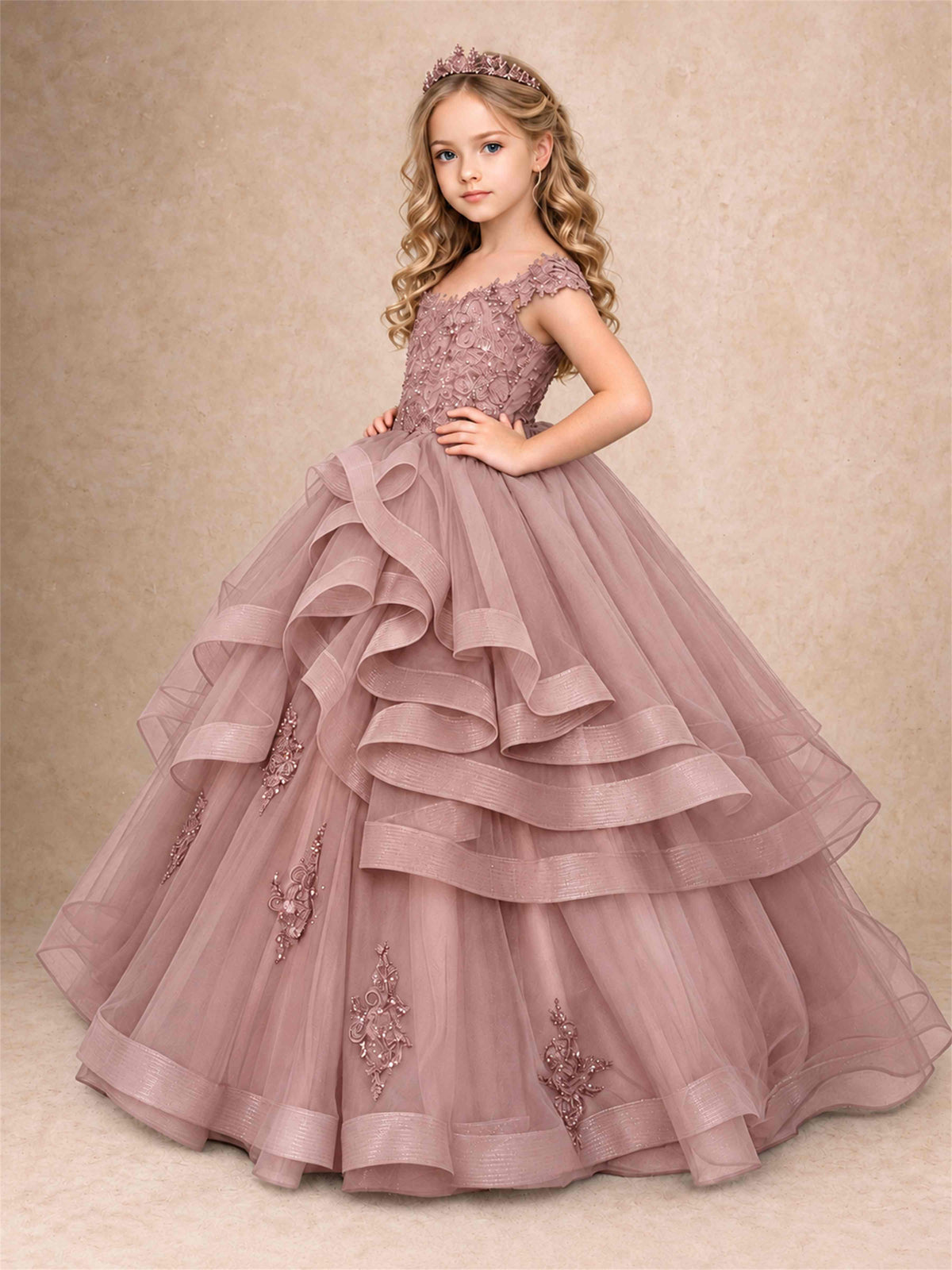 Off Shoulder Sequin Lace Ruffled Tulle Girls Pageant Dresses Formal Wedding Princess Gown