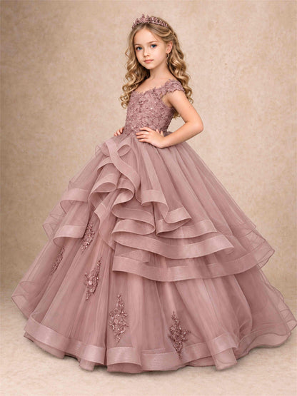 Off Shoulder Sequin Lace Ruffled Tulle Girls Pageant Dresses Formal Wedding Princess Gown