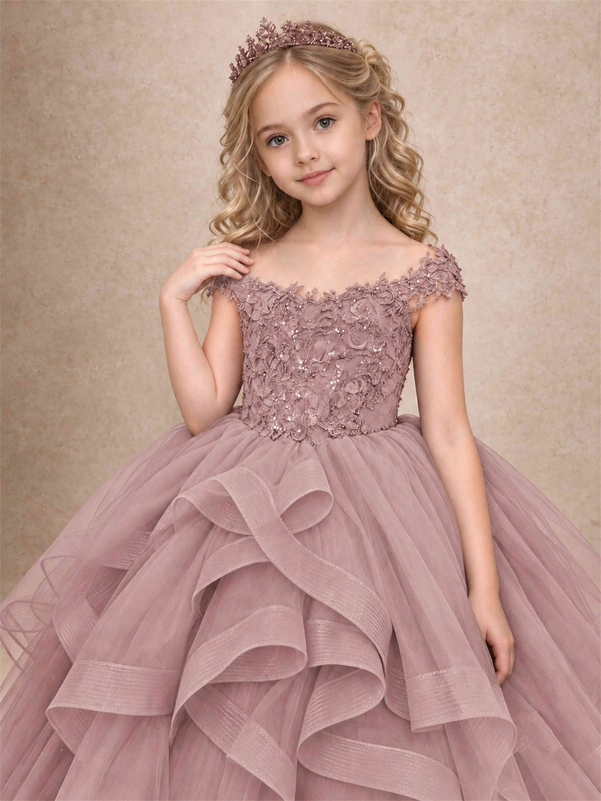 Off Shoulder Sequin Lace Ruffled Tulle Girls Pageant Dresses Formal Wedding Princess Gown