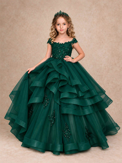 Off Shoulder Sequin Lace Ruffled Tulle Girls Pageant Dresses Formal Wedding Princess Gown