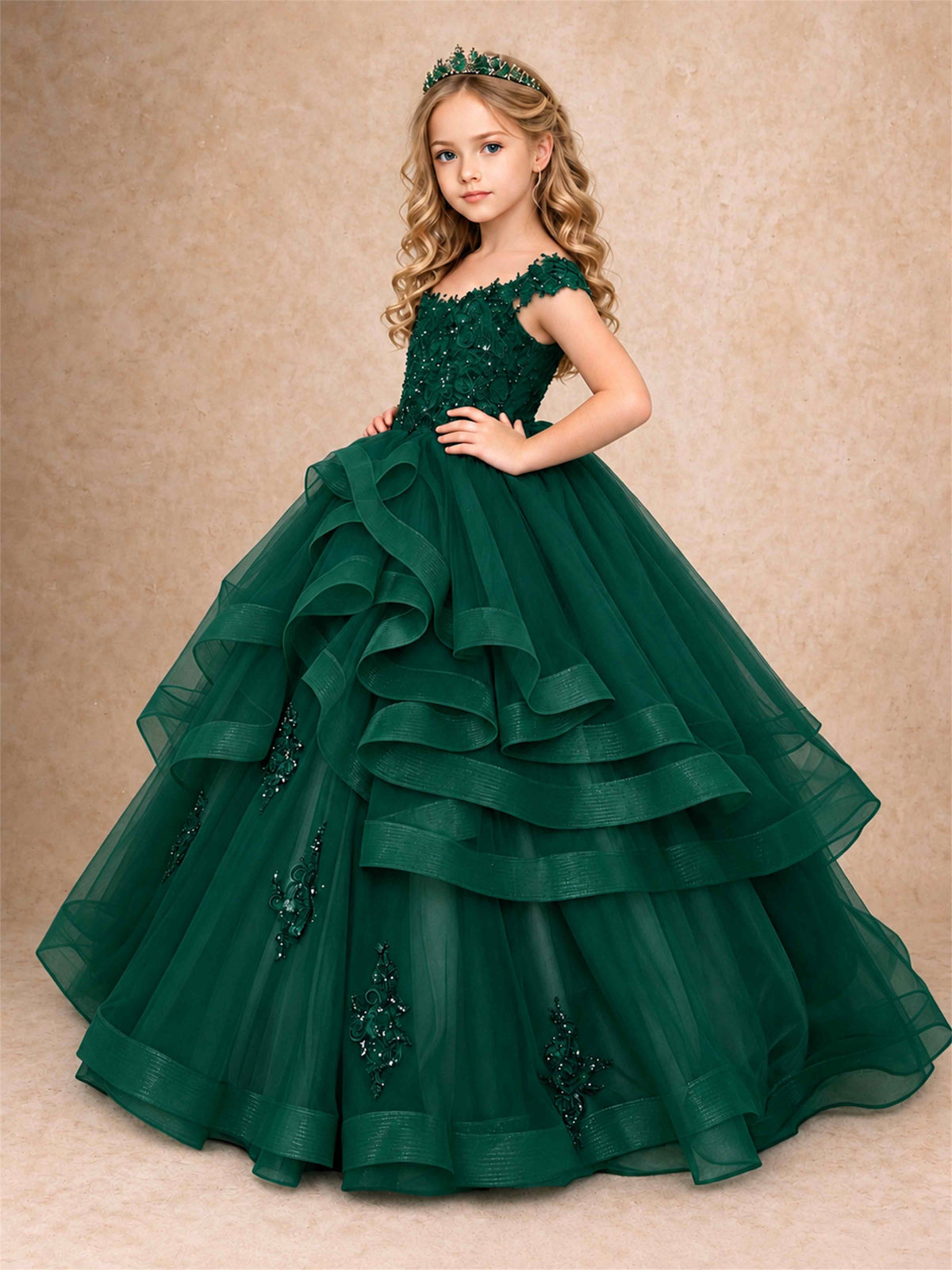 Off Shoulder Sequin Lace Ruffled Tulle Girls Pageant Dresses Formal Wedding Princess Gown