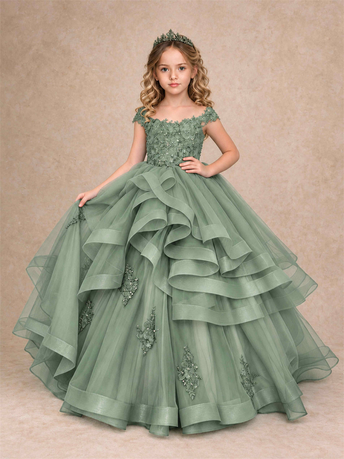 Off Shoulder Sequin Lace Ruffled Tulle Girls Pageant Dresses Formal Wedding Princess Gown