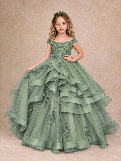 Off Shoulder Sequin Lace Ruffled Tulle Girls Pageant Dresses Formal Wedding Princess Gown