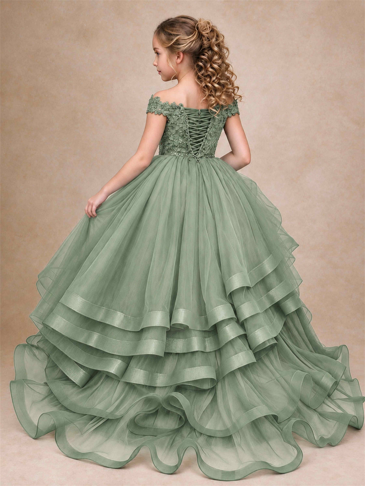 Off Shoulder Sequin Lace Ruffled Tulle Girls Pageant Dresses Formal Wedding Princess Gown