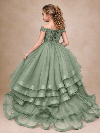 Off Shoulder Sequin Lace Ruffled Tulle Girls Pageant Dresses Formal Wedding Princess Gown
