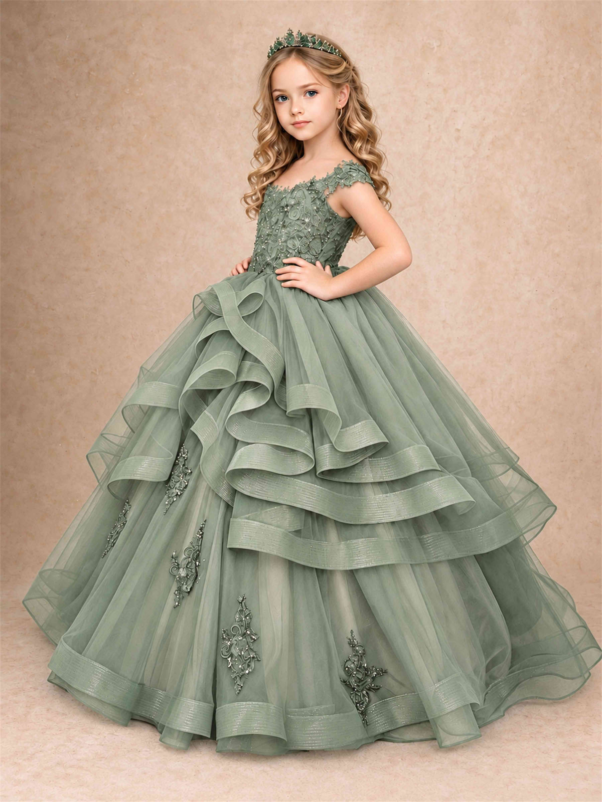Off Shoulder Sequin Lace Ruffled Tulle Girls Pageant Dresses Formal Wedding Princess Gown