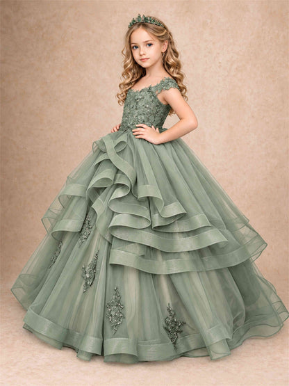 Off Shoulder Sequin Lace Ruffled Tulle Girls Pageant Dresses Formal Wedding Princess Gown