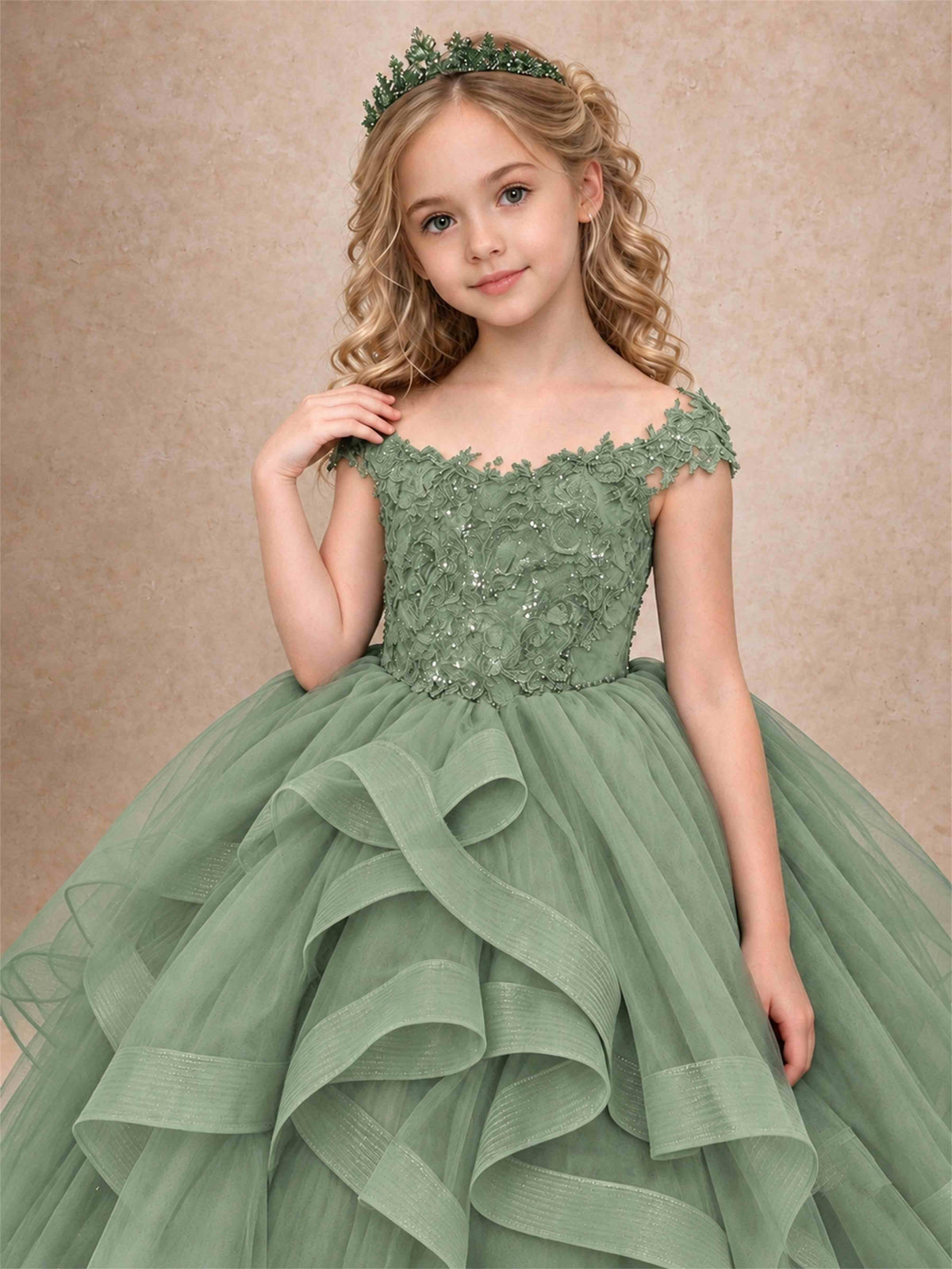 Off Shoulder Sequin Lace Ruffled Tulle Girls Pageant Dresses Formal Wedding Princess Gown