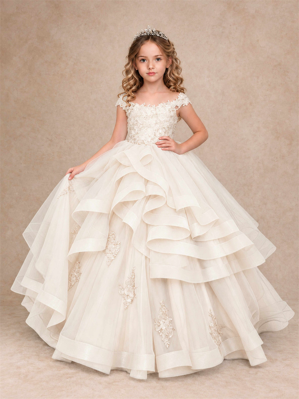 Off Shoulder Sequin Lace Ruffled Tulle Girls Pageant Dresses Formal Wedding Princess Gown