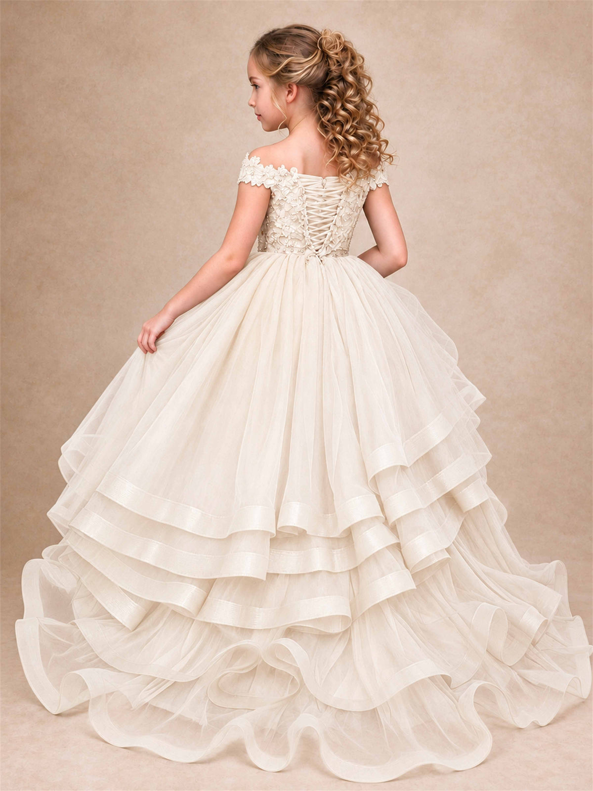 Off Shoulder Sequin Lace Ruffled Tulle Girls Pageant Dresses Formal Wedding Princess Gown