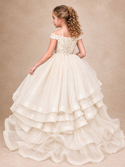 Off Shoulder Sequin Lace Ruffled Tulle Girls Pageant Dresses Formal Wedding Princess Gown