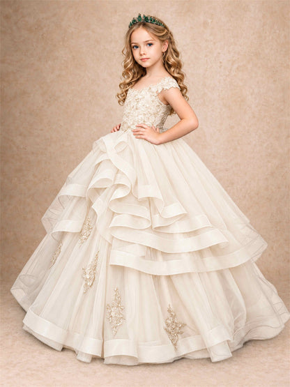 Off Shoulder Sequin Lace Ruffled Tulle Girls Pageant Dresses Formal Wedding Princess Gown