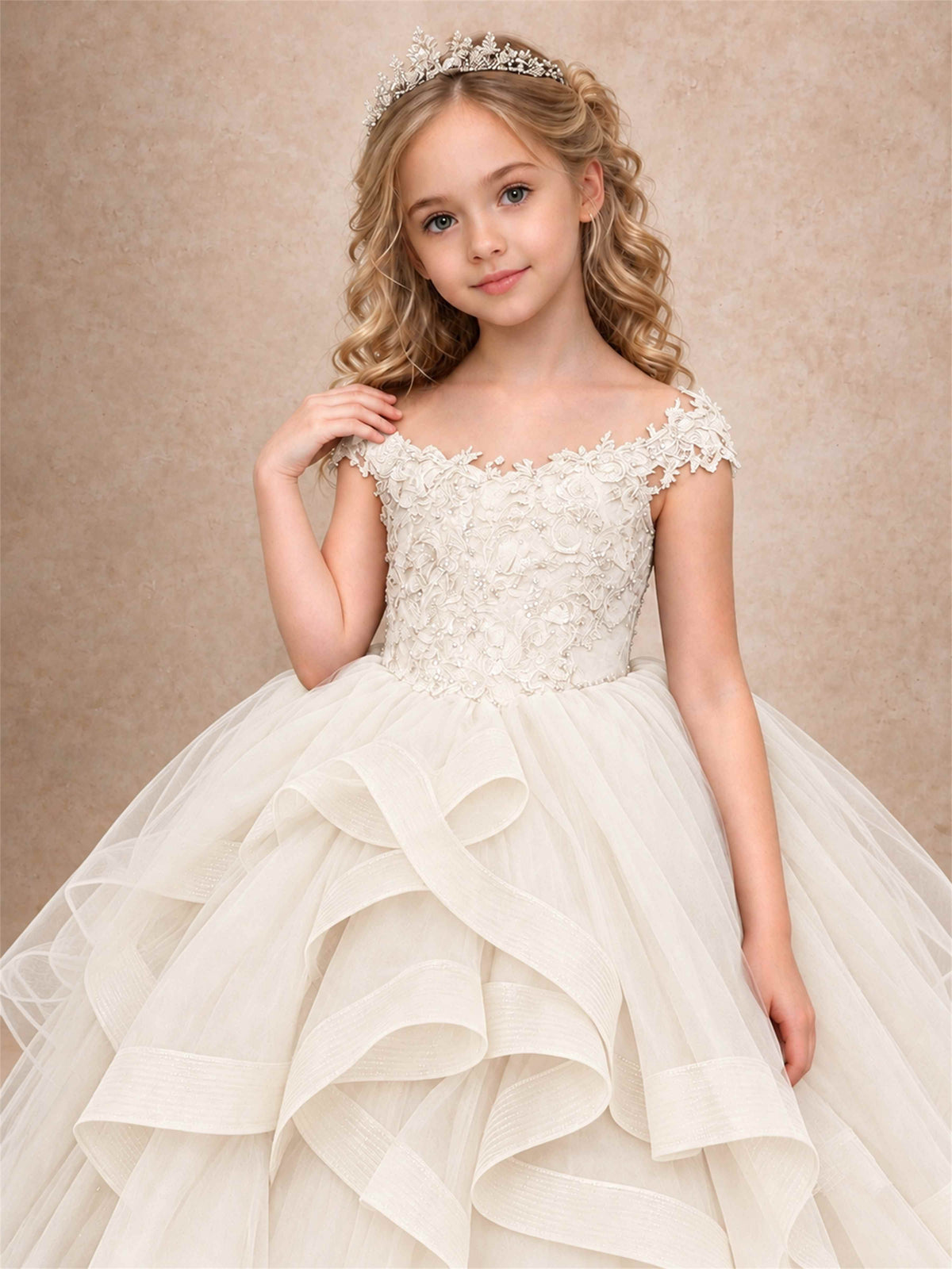 Off Shoulder Sequin Lace Ruffled Tulle Girls Pageant Dresses Formal Wedding Princess Gown