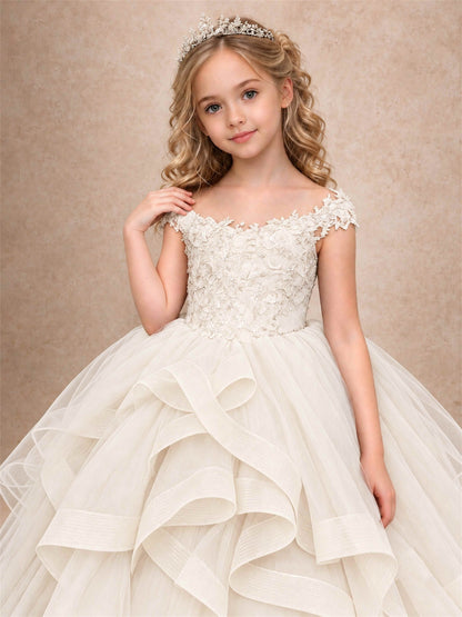 Off Shoulder Sequin Lace Ruffled Tulle Girls Pageant Dresses Formal Wedding Princess Gown