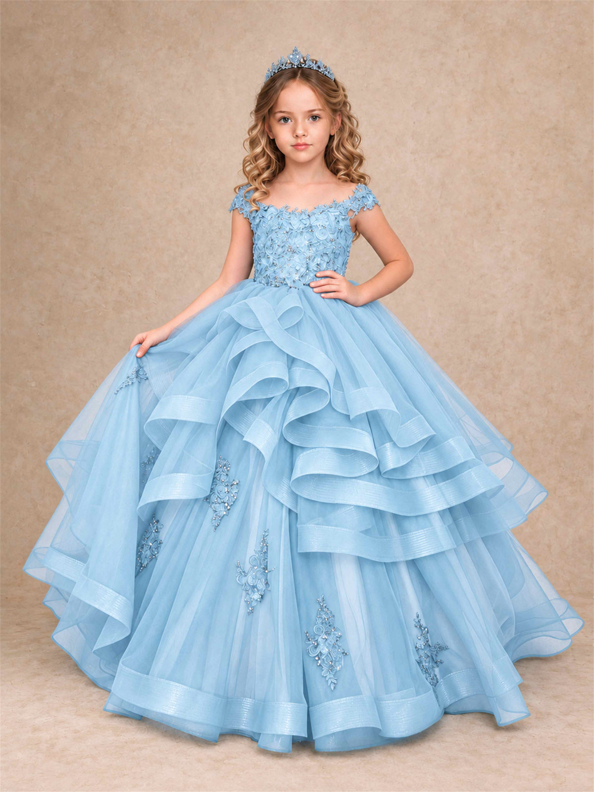Off Shoulder Sequin Lace Ruffled Tulle Girls Pageant Dresses Formal Wedding Princess Gown