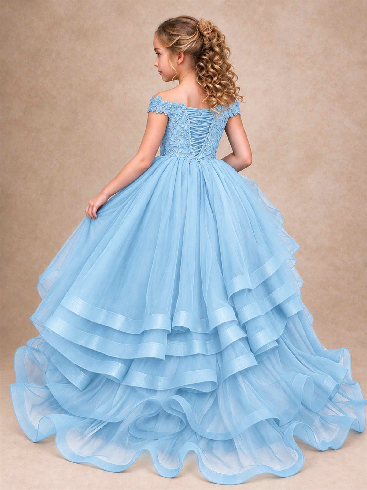 Off Shoulder Sequin Lace Ruffled Tulle Girls Pageant Dresses Formal Wedding Princess Gown