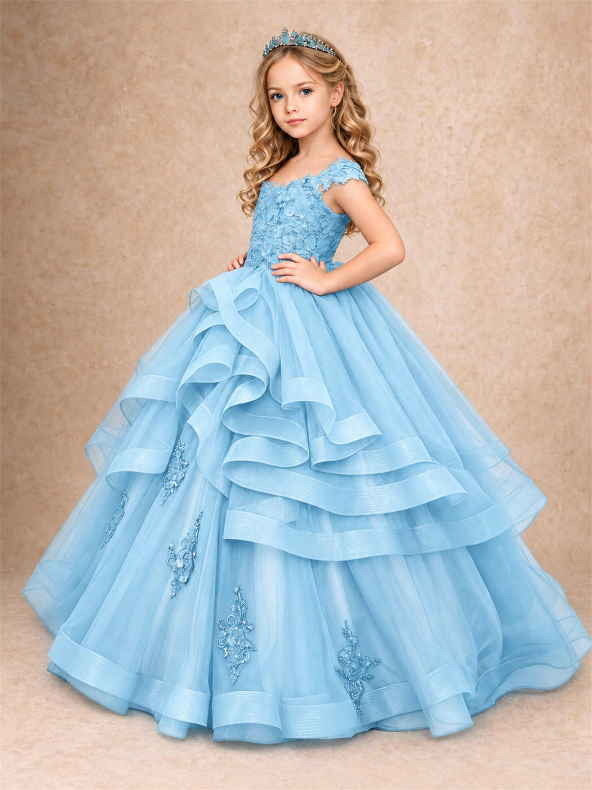 Off Shoulder Sequin Lace Ruffled Tulle Girls Pageant Dresses Formal Wedding Princess Gown