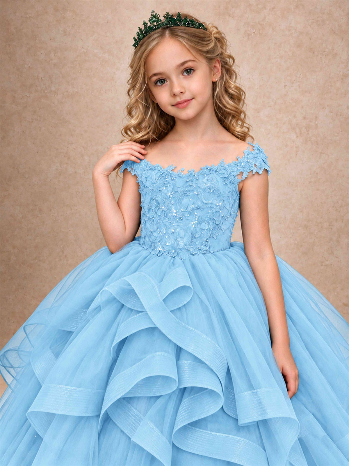 Off Shoulder Sequin Lace Ruffled Tulle Girls Pageant Dresses Formal Wedding Princess Gown