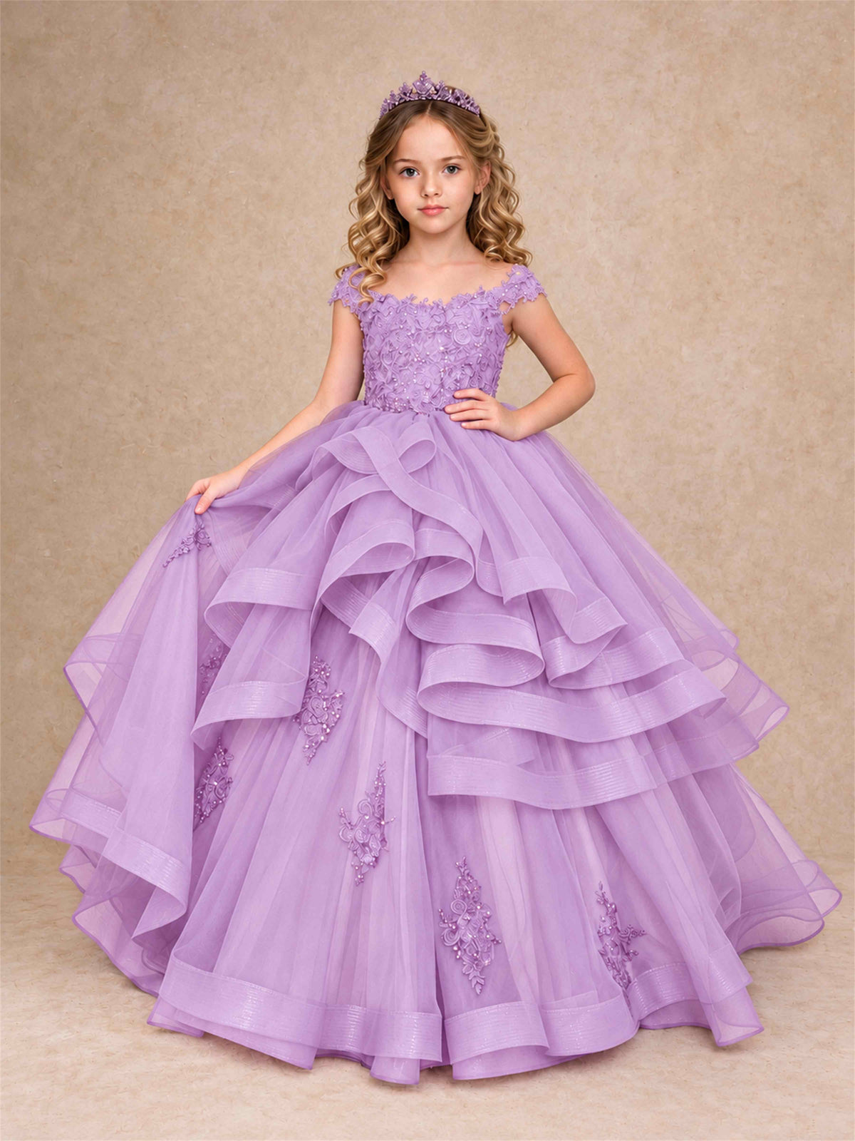 Off Shoulder Sequin Lace Ruffled Tulle Girls Pageant Dresses Formal Wedding Princess Gown