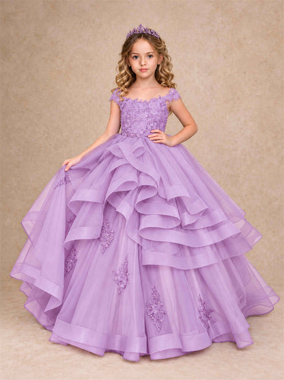 Off Shoulder Sequin Lace Ruffled Tulle Girls Pageant Dresses Formal Wedding Princess Gown