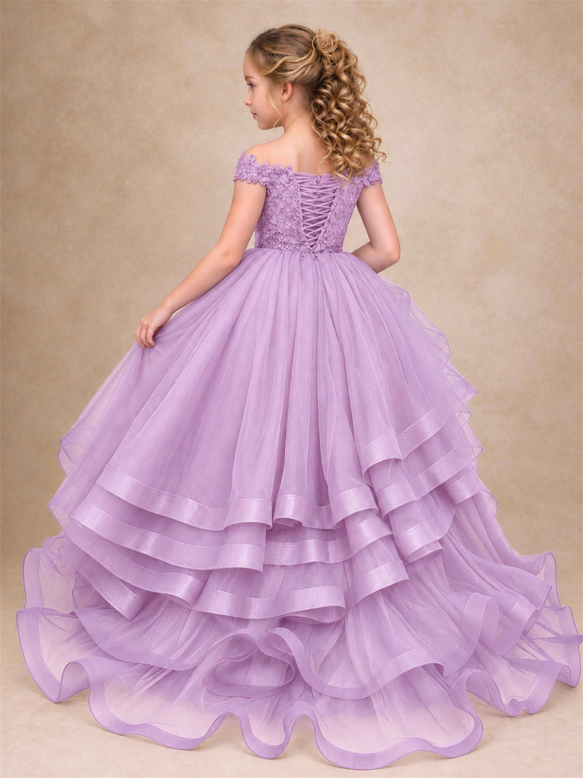Off Shoulder Sequin Lace Ruffled Tulle Girls Pageant Dresses Formal Wedding Princess Gown