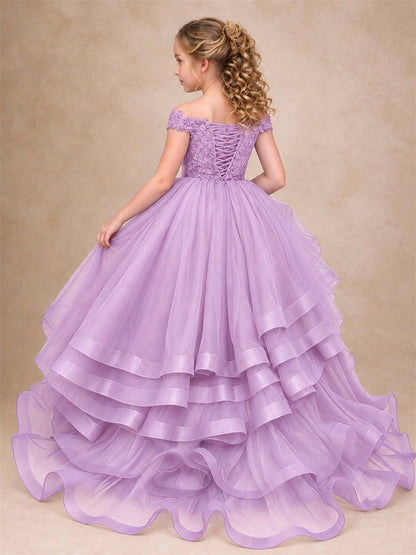 Off Shoulder Sequin Lace Ruffled Tulle Girls Pageant Dresses Formal Wedding Princess Gown